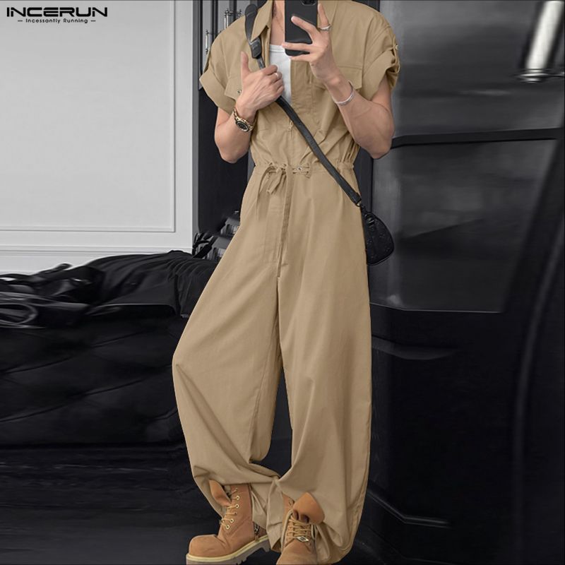 INCERUN Men Short Sleeve Zip-up Jumpsuits Casual Long Cargo Rompers Overalls
