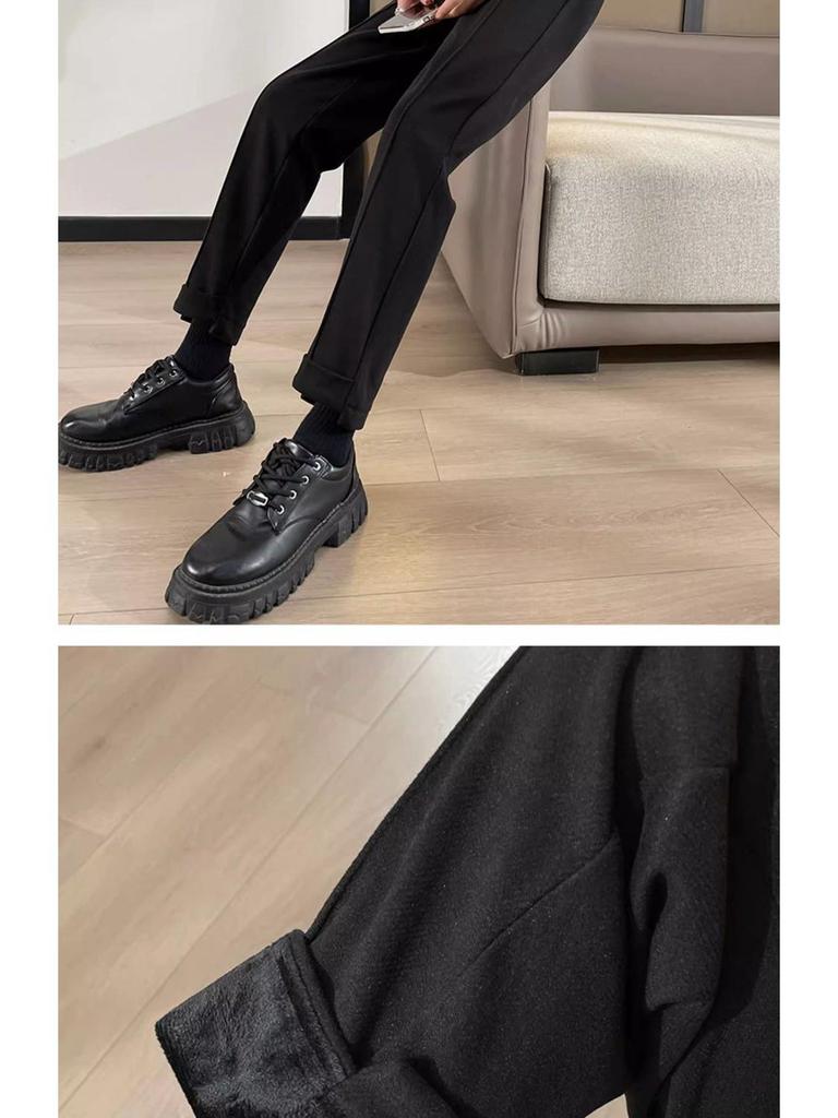 Woolen High-Waist Fleece-Lined Slimming Cigarette Pants, Autumn/Winter, Elastic Waist, Cropped Loose Fit