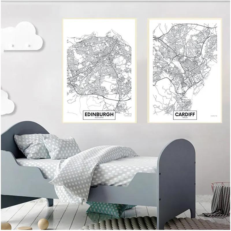 Poster con Parole Nero Bianco Mappa Città Parigi Londra New York Stampa Nordica Pittura su Tela Quadro da Parete per Soggiorno Decorazioni per la Casa