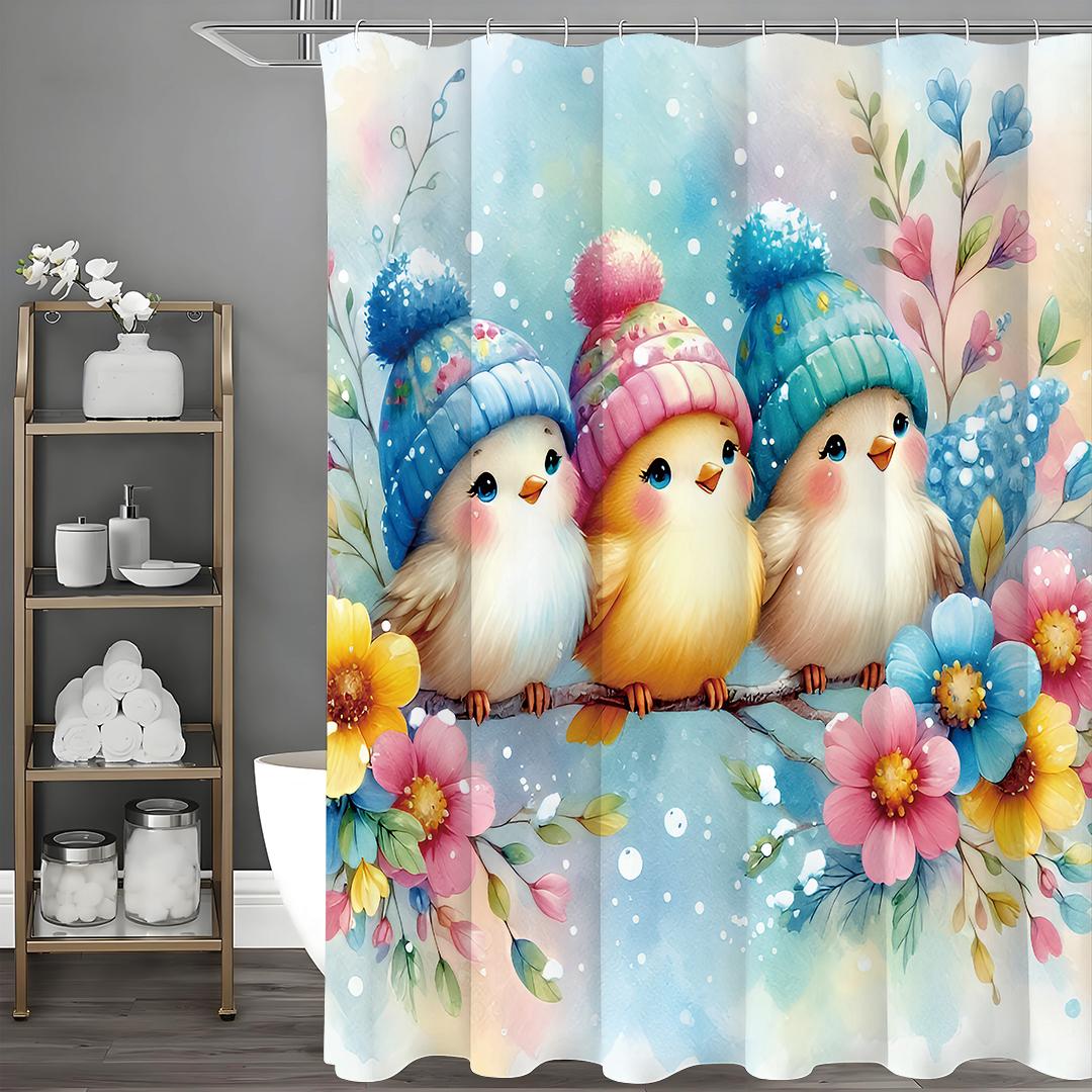 

Cute Bird Standing on Branch with Hat Floral Shower Curtain, Bathroom Decorative Shower Curtain, Waterproof Shower Curtain with 90*180cm