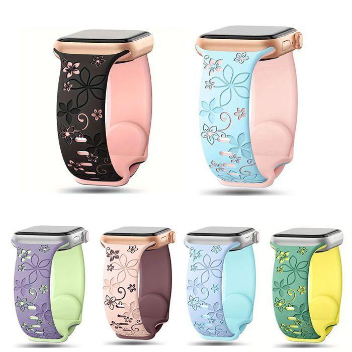 Armband für Apple Watch Series Ultra 2/3, 11, 10, 9 8 SE 7 6 5 4 3 2 1 46mm-45mm-44mm-42mm-49mm, Silikon Blumenmuster - Blau