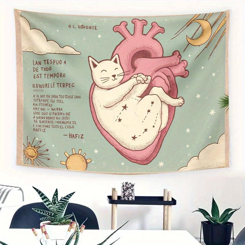 

Cat on Heart Design Tapestry Whimsical Animal Art CelestialThemed Wall Hanging Polyester Fabric for Bedroom or Dorm Decor 74x94cm(29x37in)