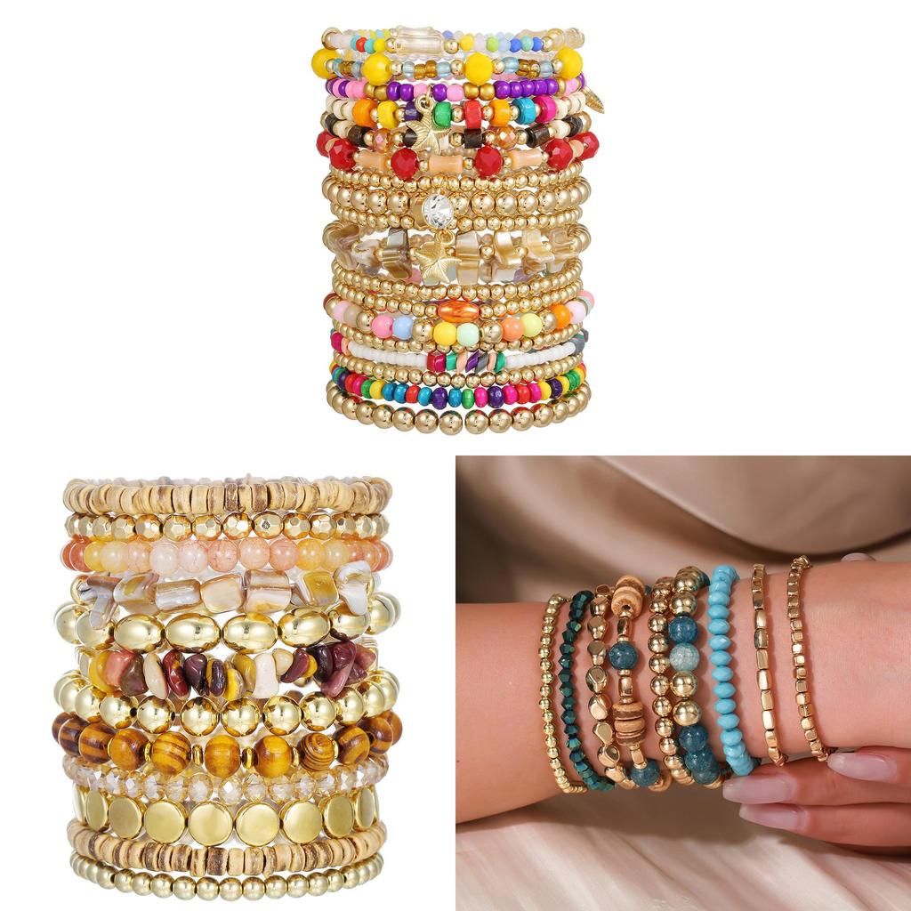 Bohemian Style Handmade Beaded Bracelets Set With Wooden Shell Glass Beads For Beach Vacation Gift