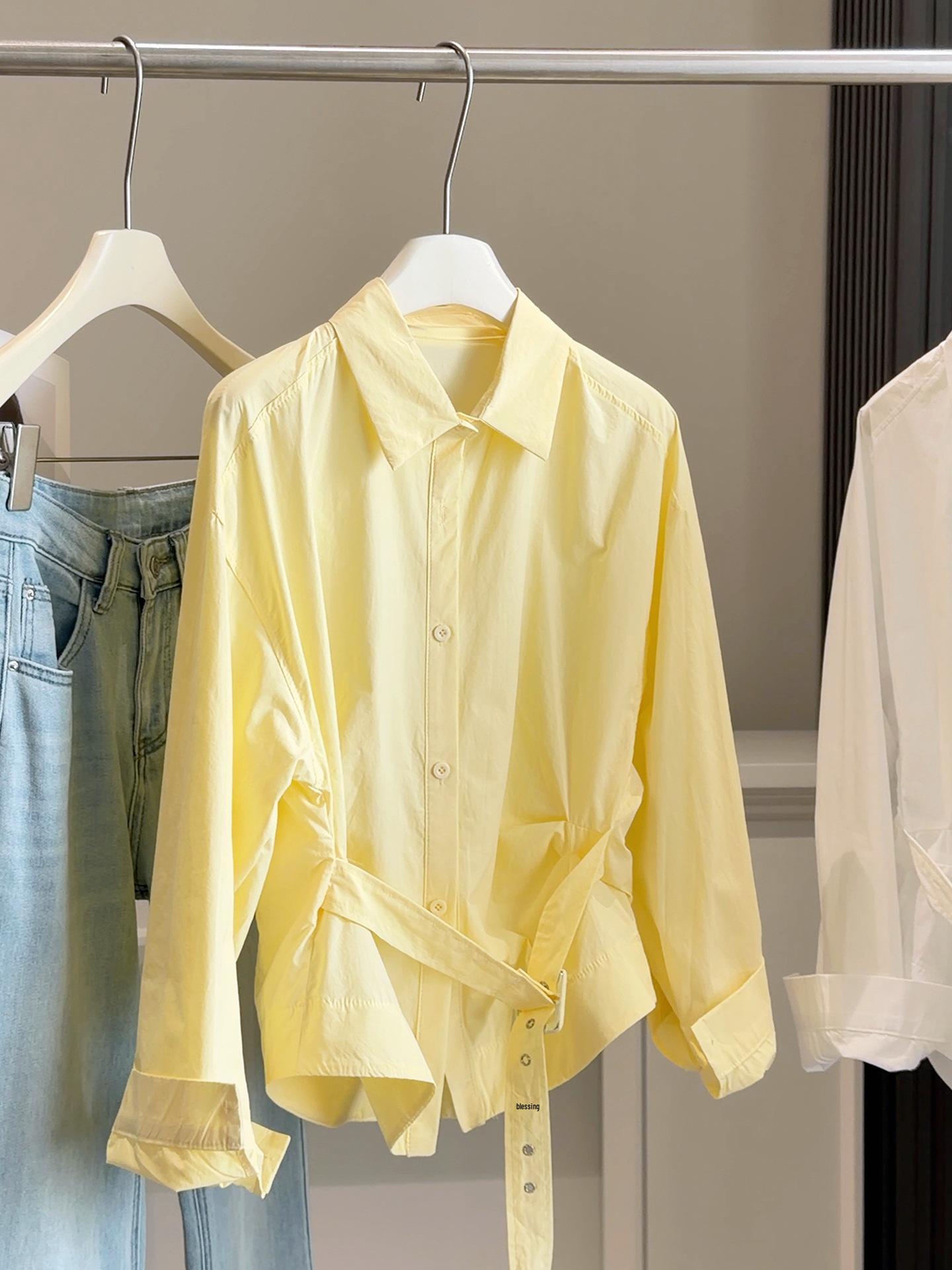 

Women s Spring Korean-Style Pleated Waist Lapel Shirt - Loose Fit, Long Sleeve Layering Top One Size жёлтый