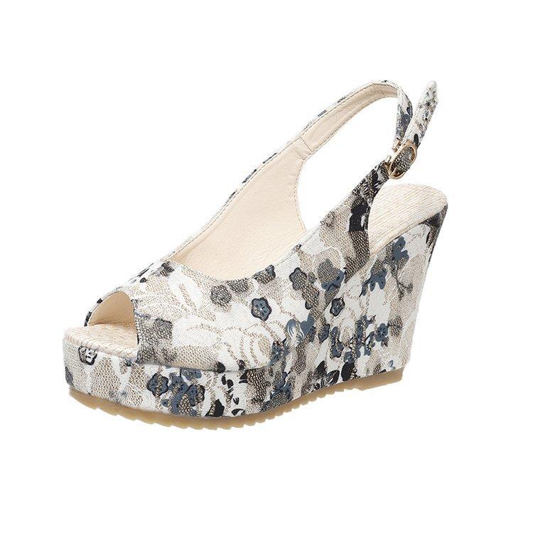 Large size printed fish mouth thick-soled wedge heel one-word buckle sandals summer beach open-toed women's shoes