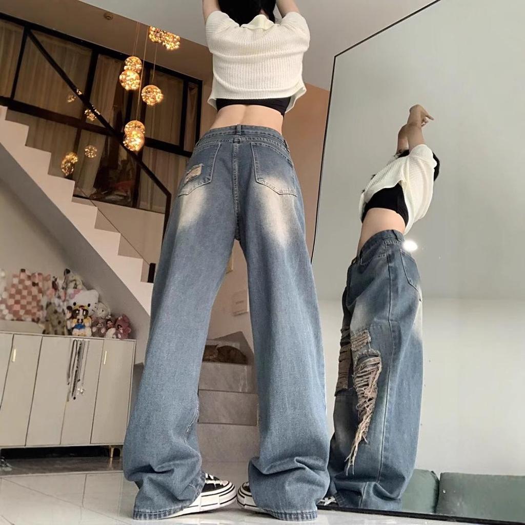 High Street Distressed Wide-Leg Ripped Jeans - Women's Autumn High-Waist Floor-Length