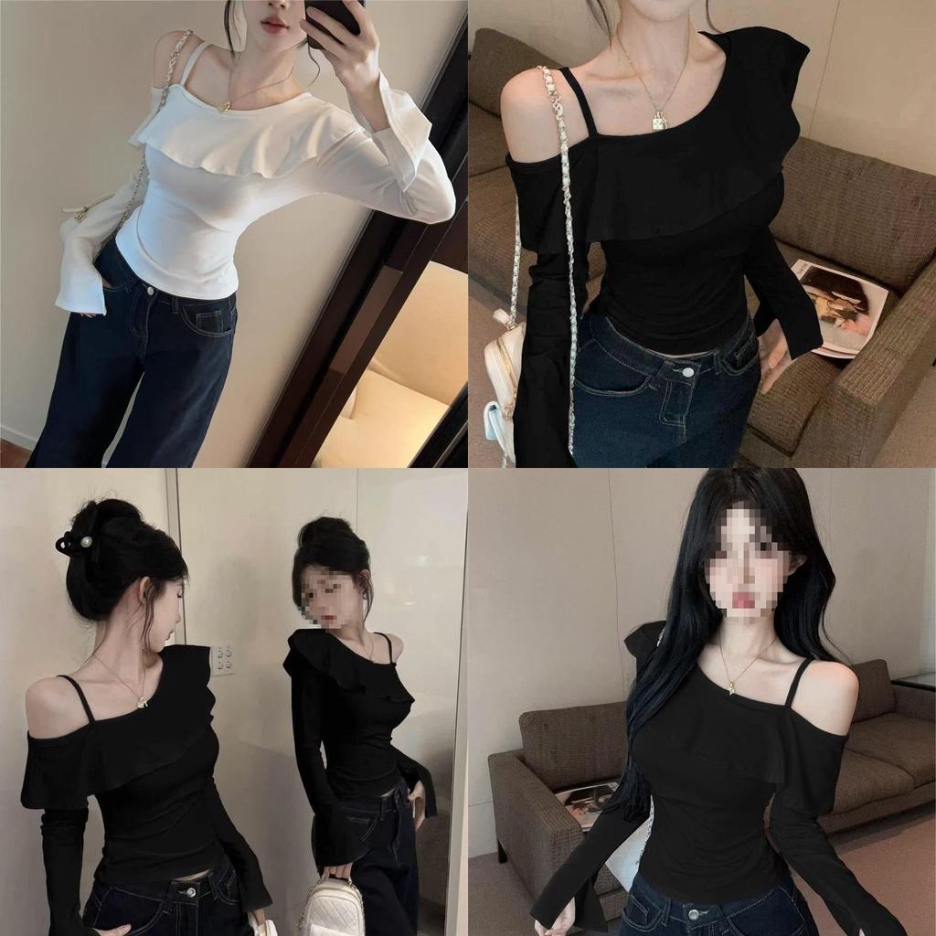 Ladies Off Shoulder T Shirt With Ruffle Hem And Asymmetric Design For Spring 2025