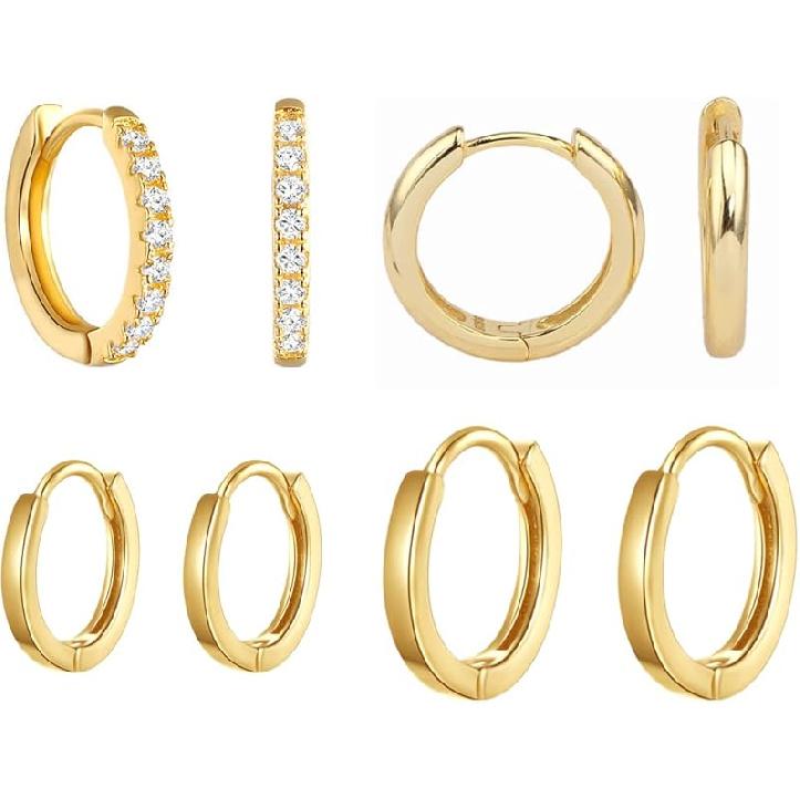 Набор из 4 пар золотых серег-колец для женщин Серьги с кубическим цирконием Крупные серьги Маленькие серьги-кольца Серьги-хугги Набор для множественных проколов Украшения