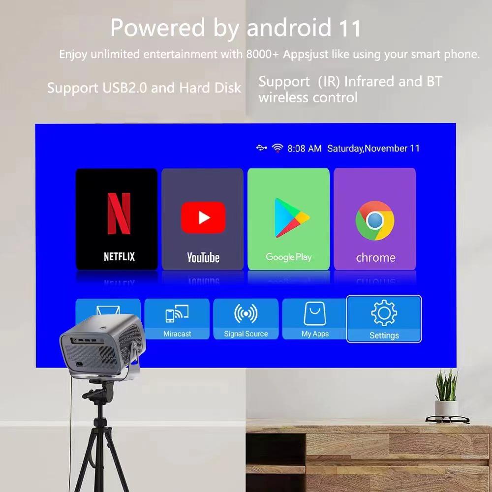 Portable HD Android Projector with Automatic Keystone & White Wall Compatibility