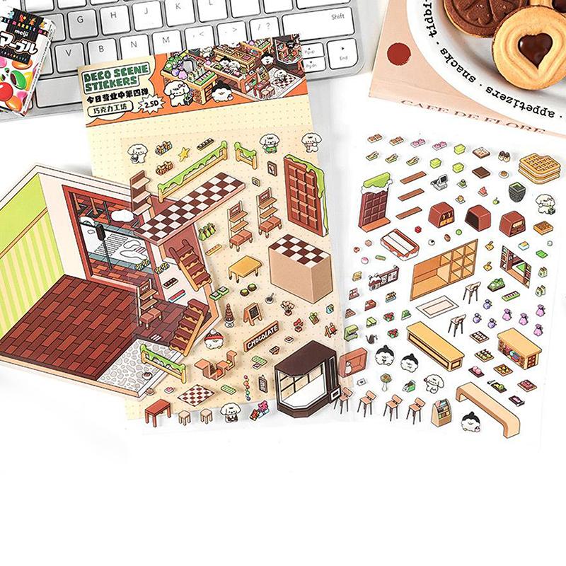 1Set Cartoon 3D Landscape Stickers Pocket Cabin Scene Stacking Pasting Stickers Diy Decoration Stickers Festival Birthday Gifts