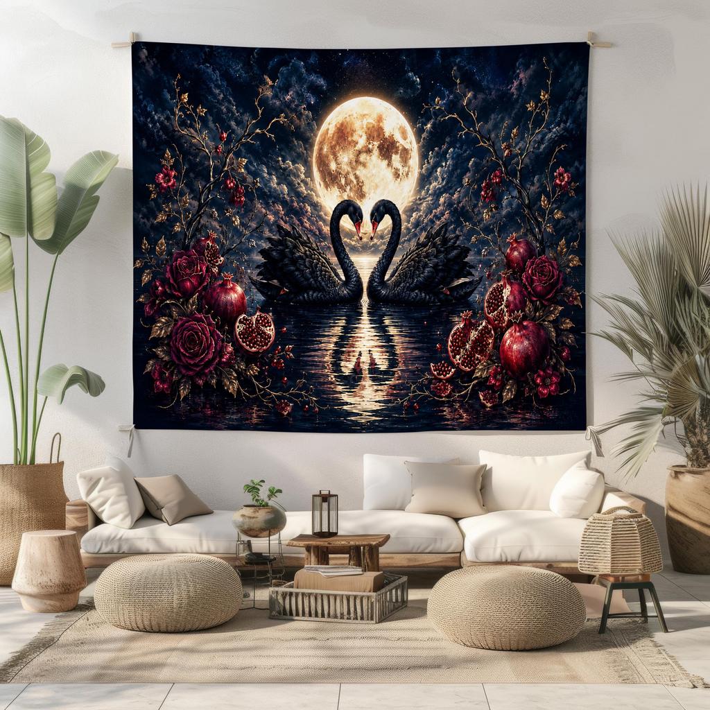 Black Swan Tapestry Full Moon Pomegranate Wall Hanging Gothic Floral Art Dark Romantic Celestial Bedroom Decor