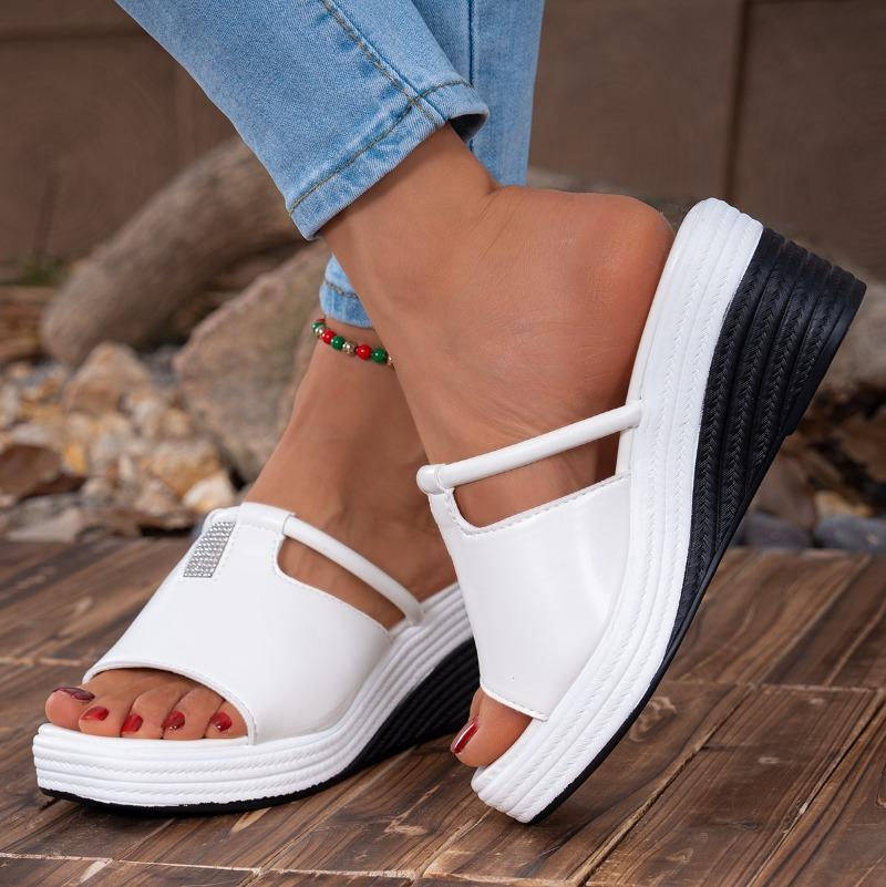 Square Toe Open Toe Platform Sandals Summer New Rhinestone Cutout Soft Sole Non-slip Wear-resistant Wedge Shoes