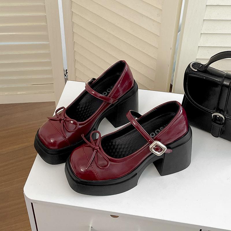 Red French thick heel small high heels women's 2025 new summer skirt retro Mary Jane small leather shoes