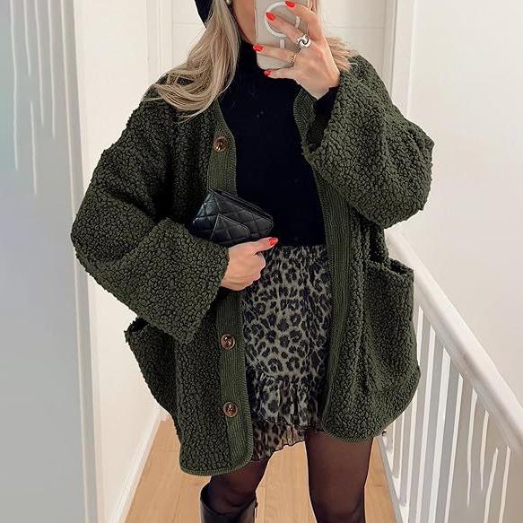 Women's Warm Winter Coat Collarless Casual Long Sleeve Button Plush Lamb Suede Jacket Coat