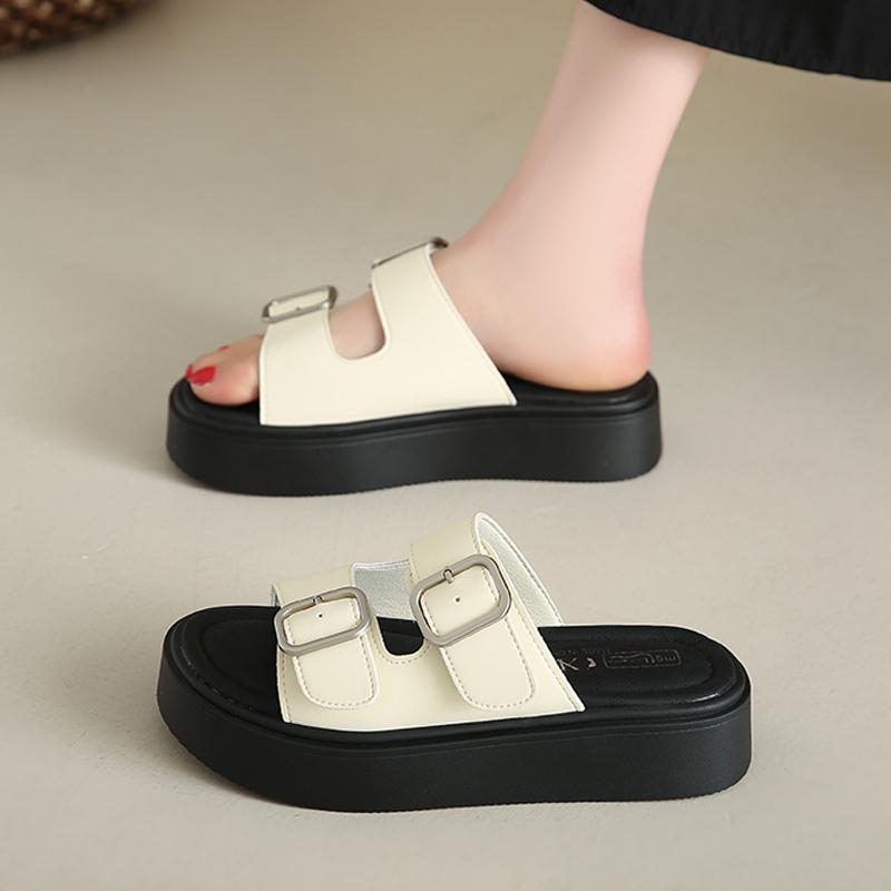 Women's Platform Slide Sandals Cork Footbed Open Toe Adjustable Flat Sandals Comfort Slip On Slippers for Summer