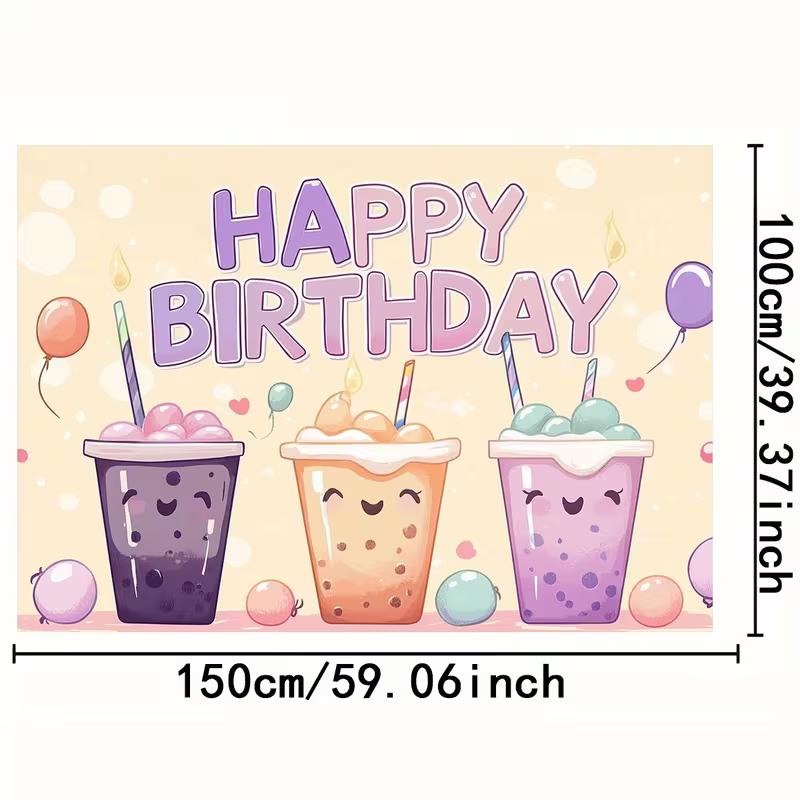2D Boba-Themen-Geburtstagshintergrund, Kawaii Bubble Tea & Luftballons Kulisse