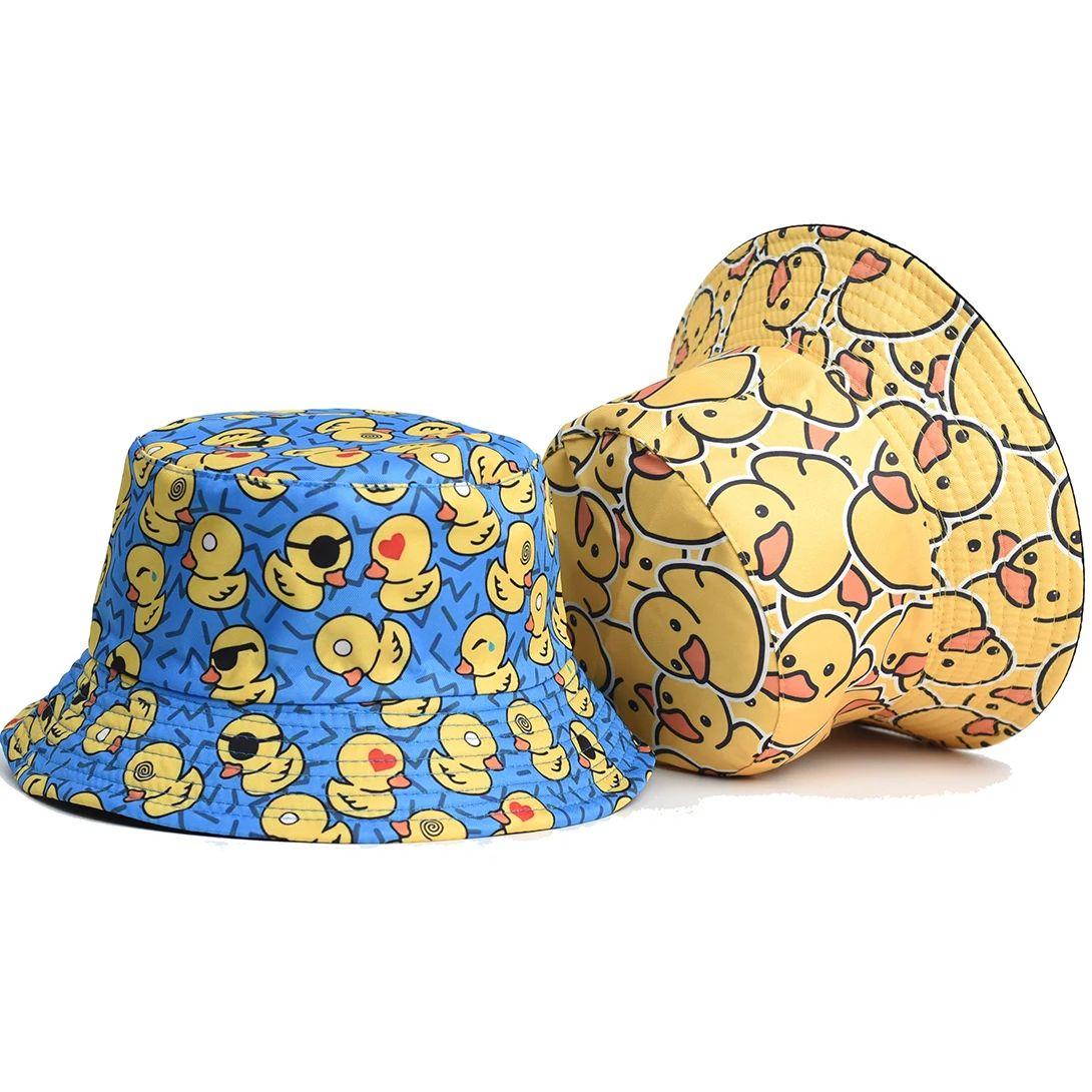 Zealous Sole Women's Cartoon Duck Bucket Hat Cute Printing Fisherman Hats For Men Double Sides Panama Cap 58Cm Summer Outdoor Sun Caps