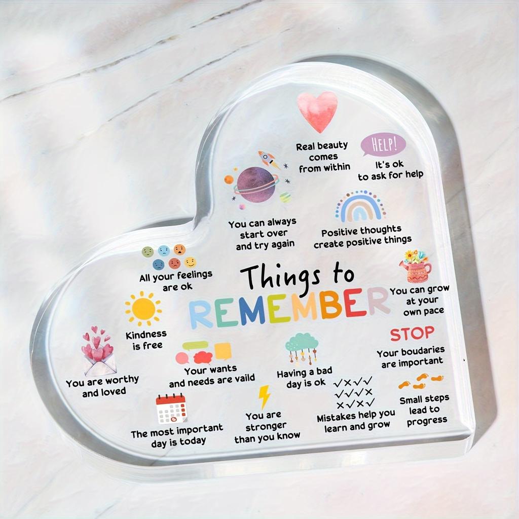 [Inspirational Heart Decor] Inspirational Heart-Shaped Acrylic Desk Decor - 2D Flat, Colorful & Uplifting with Positive Mental Health Messages  