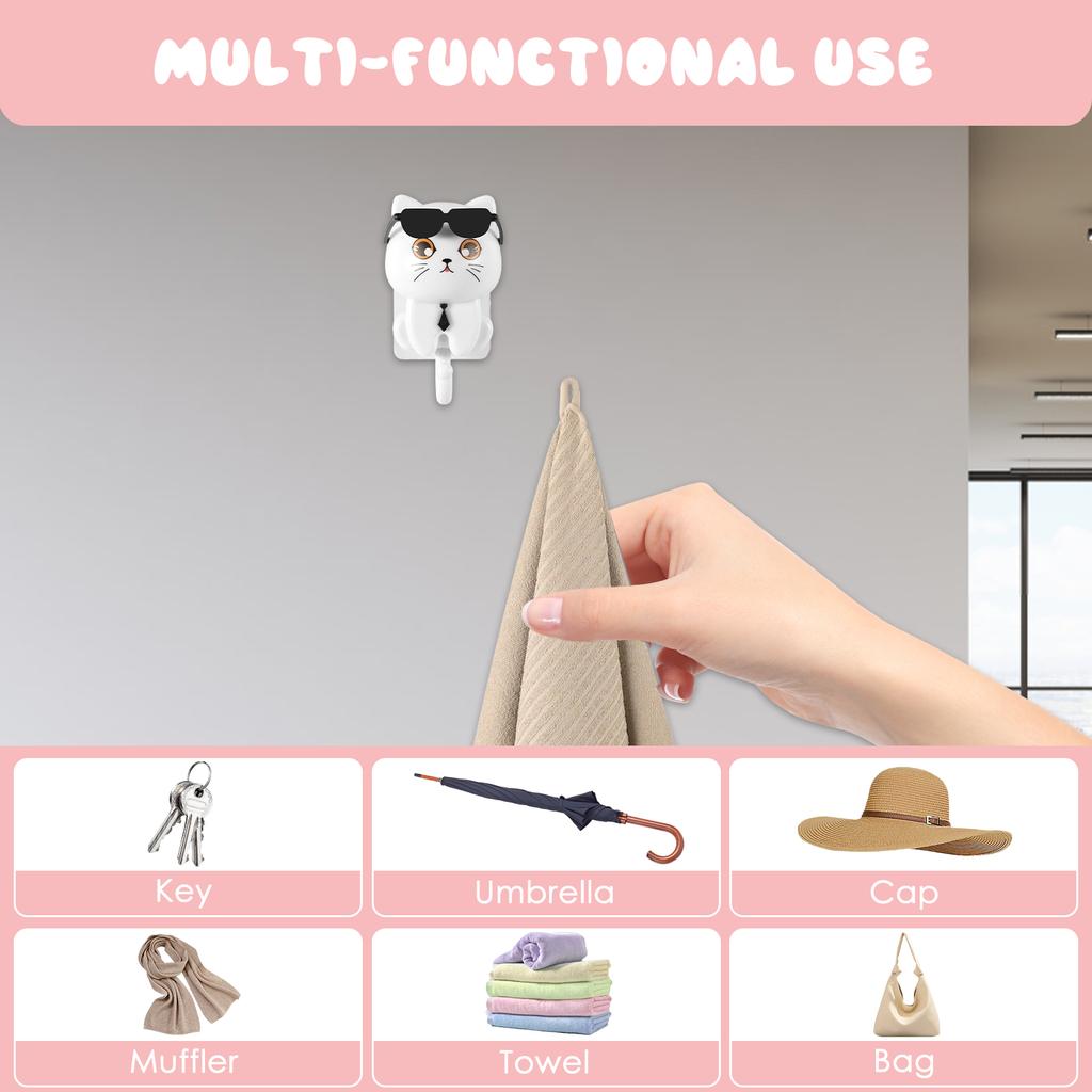 8Pcs Hook Cute Cat Wall Hanging Self Adhesive Cartoon Key Umbrellas Towels Bathroom Kitchen Storage Decorative Hooks
