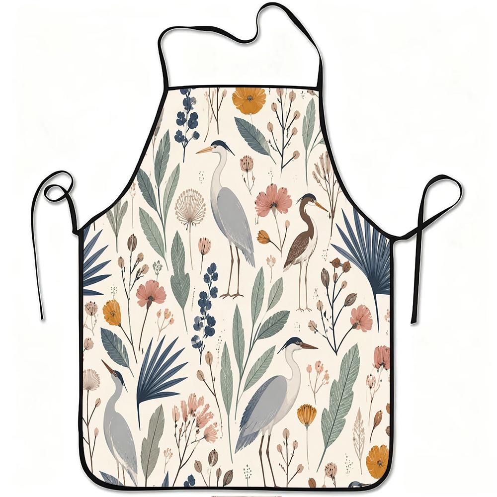 1pc Heron and Wildflower Botanical Print Apron, Durable and Easy to Clean, Adjustable Waistband, Polyester Material, for Kitchen Cooking, Gardening, O
