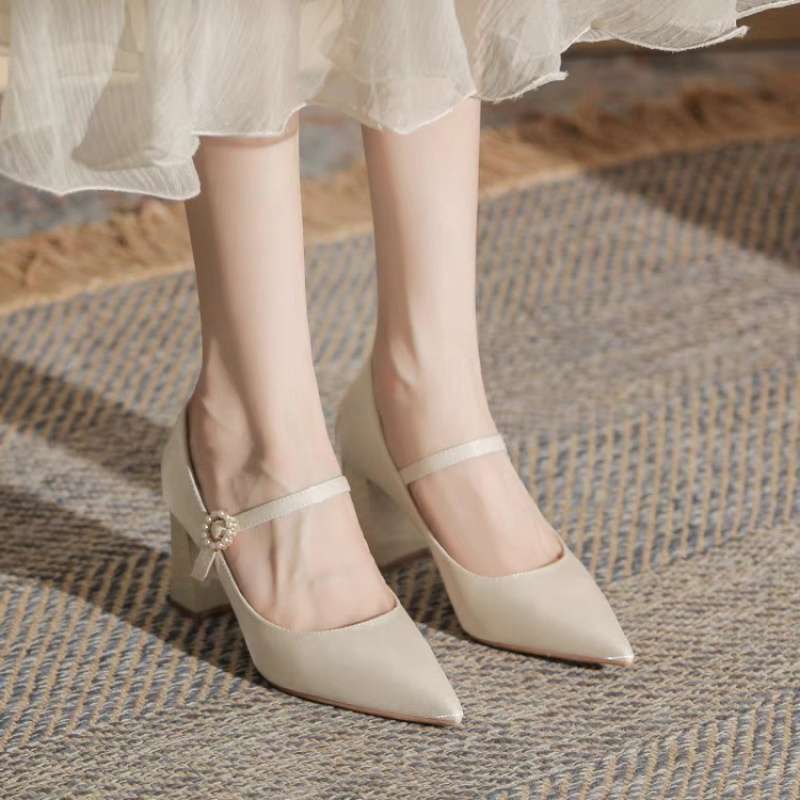 French high heels women's summer 2025 new white cheongsam shoes bridesmaid wedding shoes 7cm thick heel light mouth single shoes women