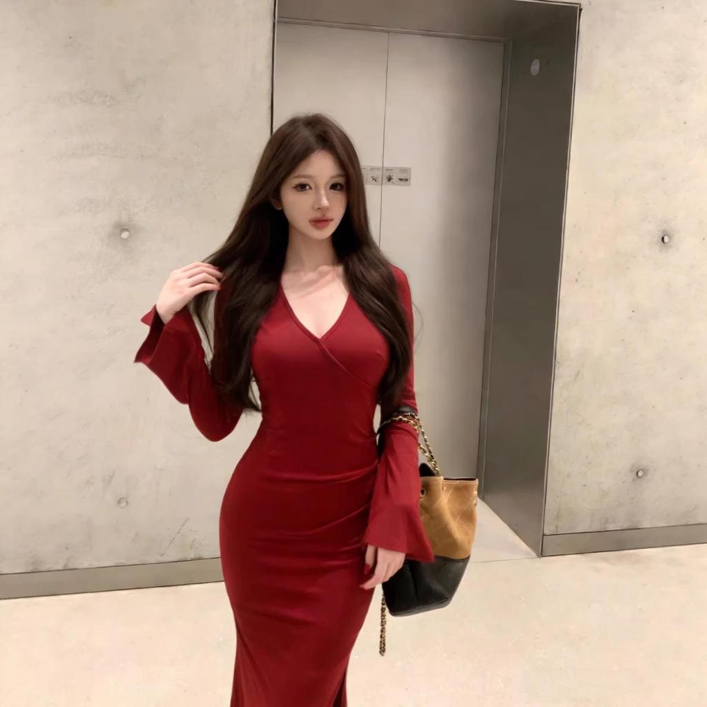 TZ7420 Women's Autumn/Winter Slim Fit V-Neck Knit Fishtail Dress