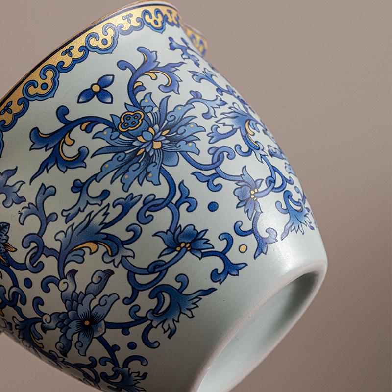 Ru Kiln Blue and White Blessed Three Talents Cover Bowl Retro Kung Fu Tea Set Household Ceramic Bubble Belt Not Hot Cup Travel Outdoor