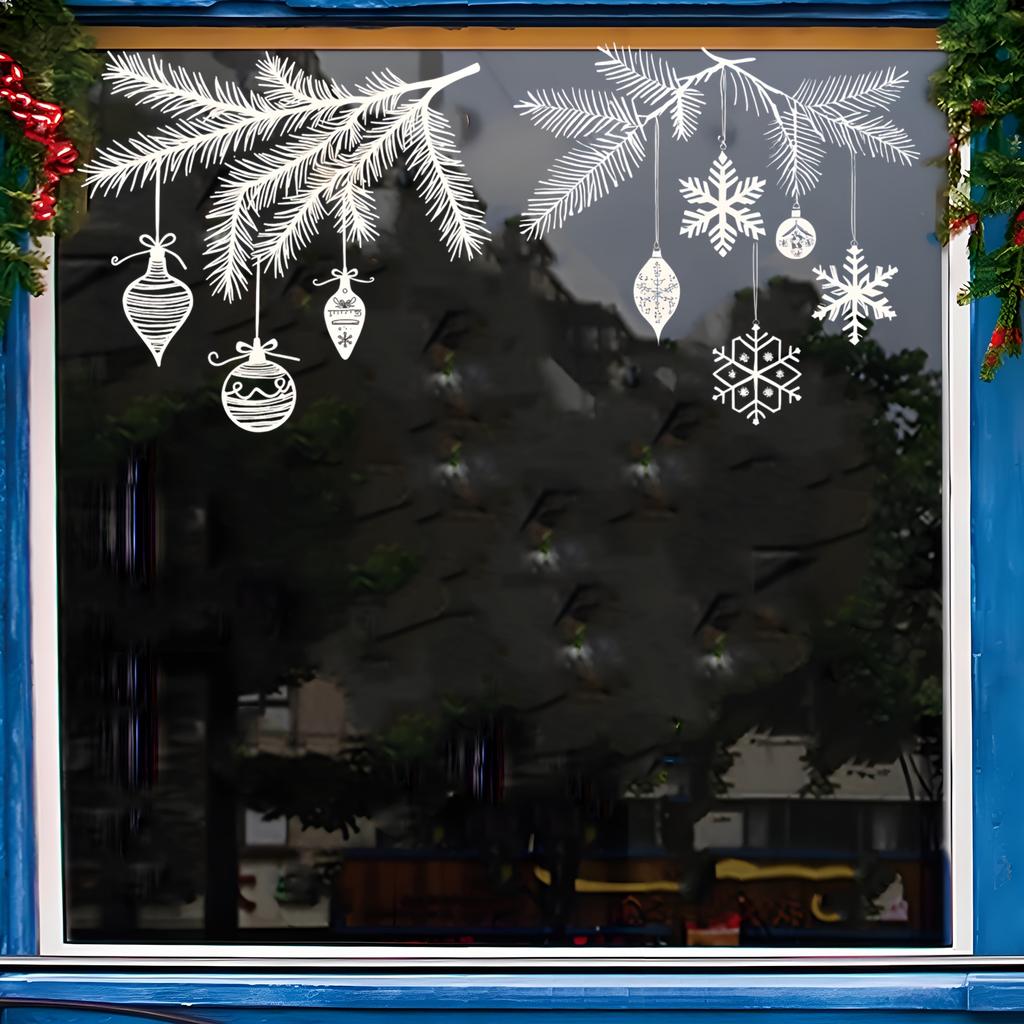 1Set Christmas Pine Branch Window Stickers White Silhouette Style Self-Adhesive Wall Stickers Festive Glass Stickers Removable