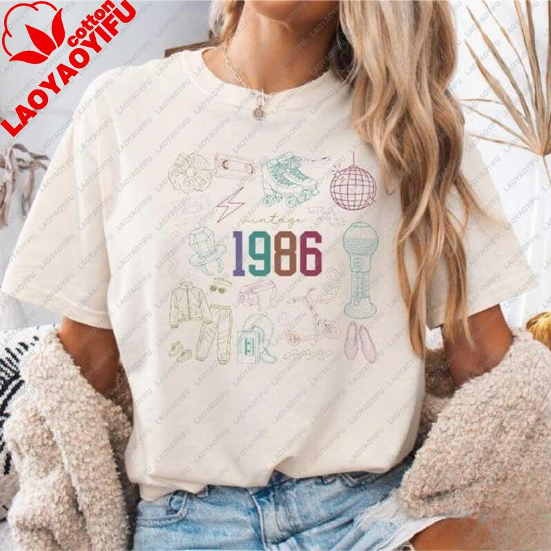 Vintage 1986 Shirt 40. Tee Geburtstag Kritzeln Geschenk 40 Jahre Alt Feier Bedrucktes T-Shirt Oberteile Ära Bday Party Freizeit Streetwear
