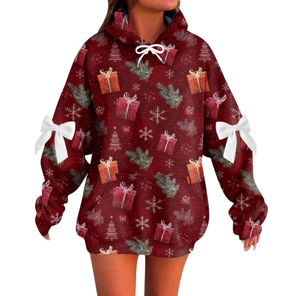 Ladies' Christmas Printed Bow Long Sleeved Loose Fitting Headband With Rope Hooded Sweatshirt Top