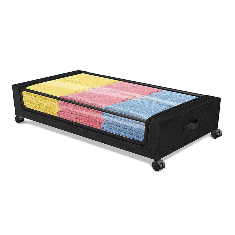 Large Capacity Underbed Quilts Storage Bag With Wheels Visible Window Under Bed Metal Zippered Box For Clothes Book Blanket