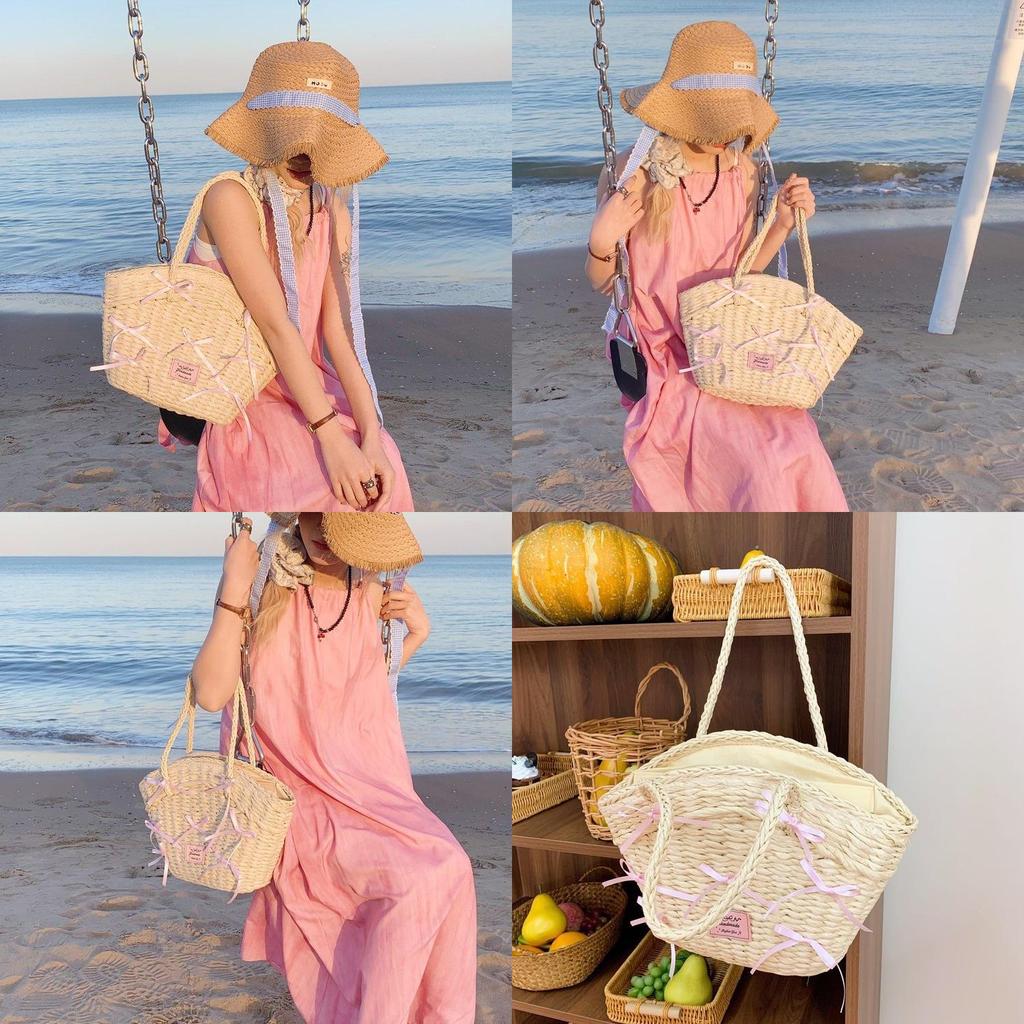 Simple Pink Bow Decoration Women Casual Grass Woven Handbag For Beach And Casual Wear