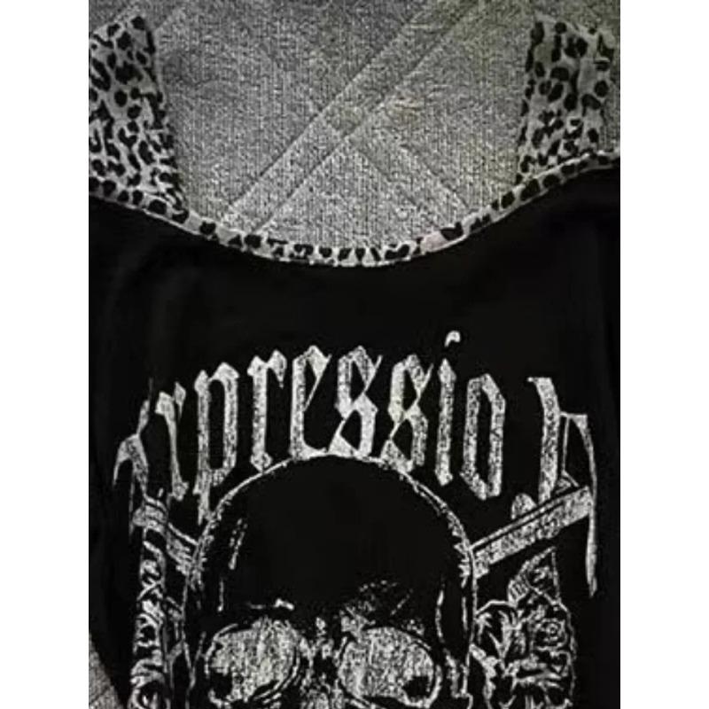 TrendHub Y2k Aesthetics Irregular Leopard Patchwork Vintage T-shirt Streetwear Skull Printing Tshirt Harajuku Slim Fit Fairy Grunge Tops