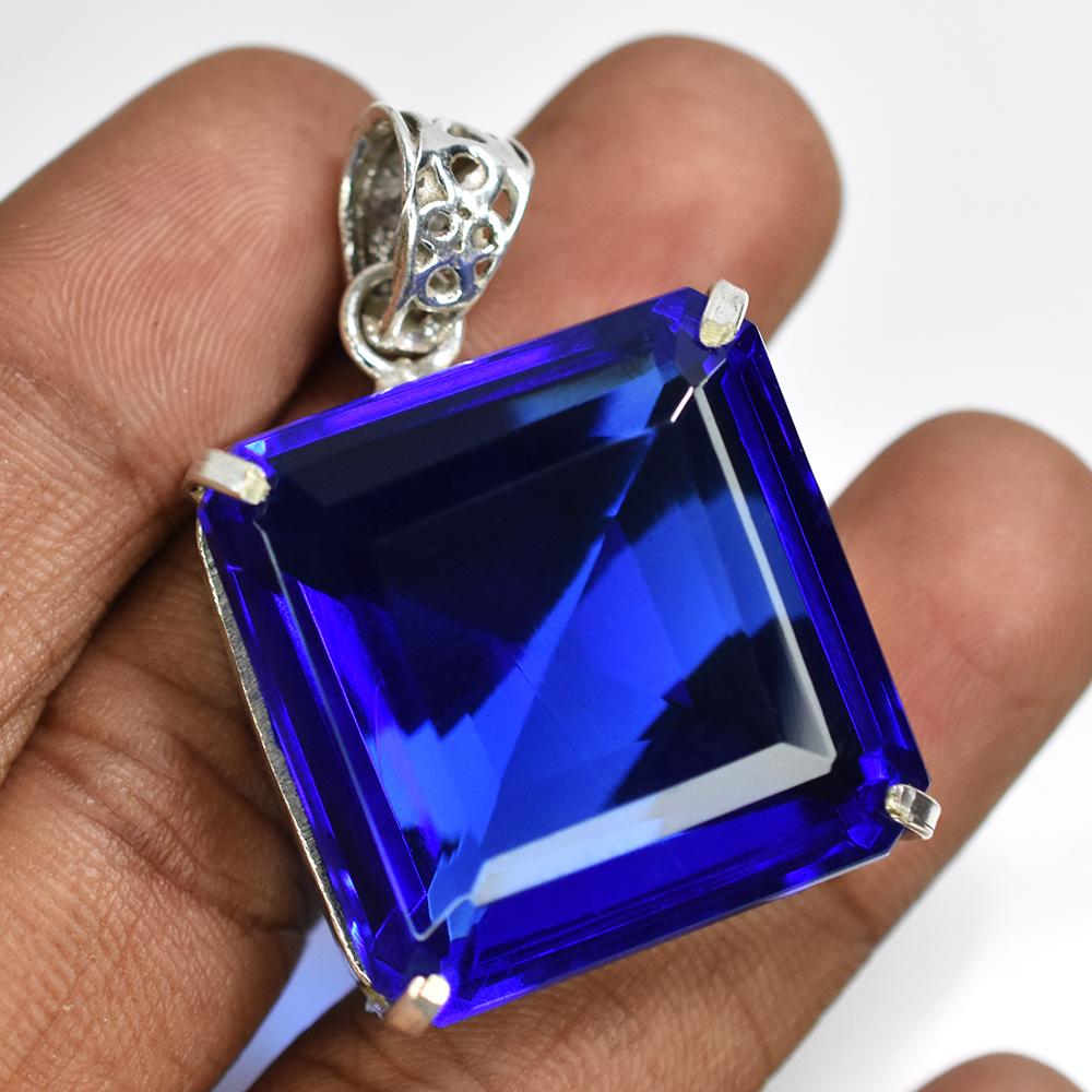 Lab Created Blue Sapphire 99Ct Square 925 Starling Silver Certified Gems Pendant MY.PD-99-NS