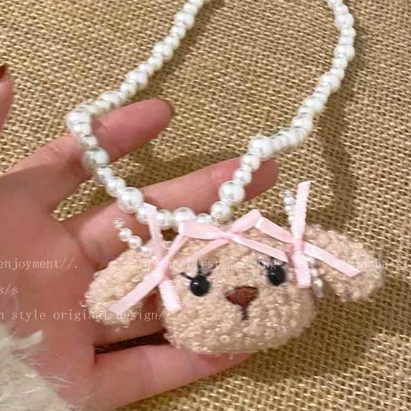 Women's Cute Puppy Pearl Plush Sweatshirt with Light Luxury Temperament Necklace - High-End Choker Fashion Accessories.