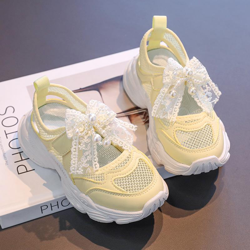 Girls' New Summer Single Mesh Pearl Lace Bowknot Sports Sandals Little Girls' Transparent Mesh Casual Sandals