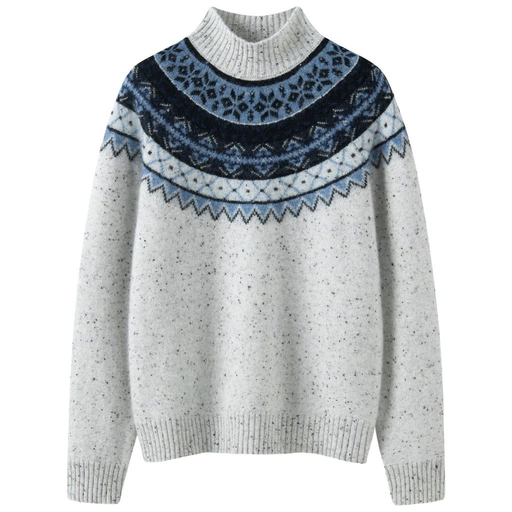 Women's Fair Isle High Neck Cashmere Pullover Sweater - Old Money Style.