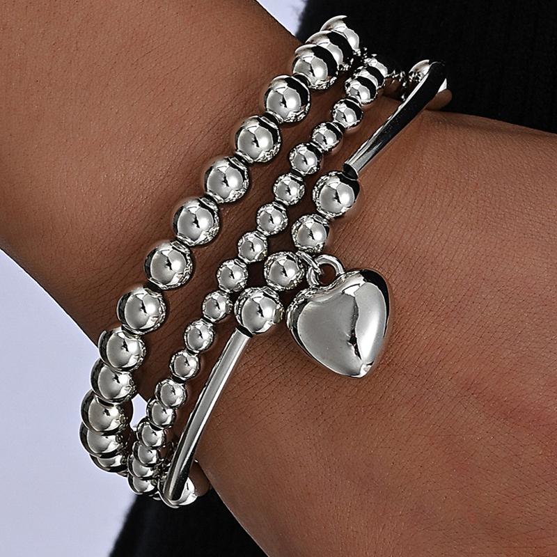 3 Pcs/Set Fashion Heart Pendant Bracelets Set for Women Vintage Simple Silver Color Ball Beaded Bracelets Bangles Jewelry Gifts