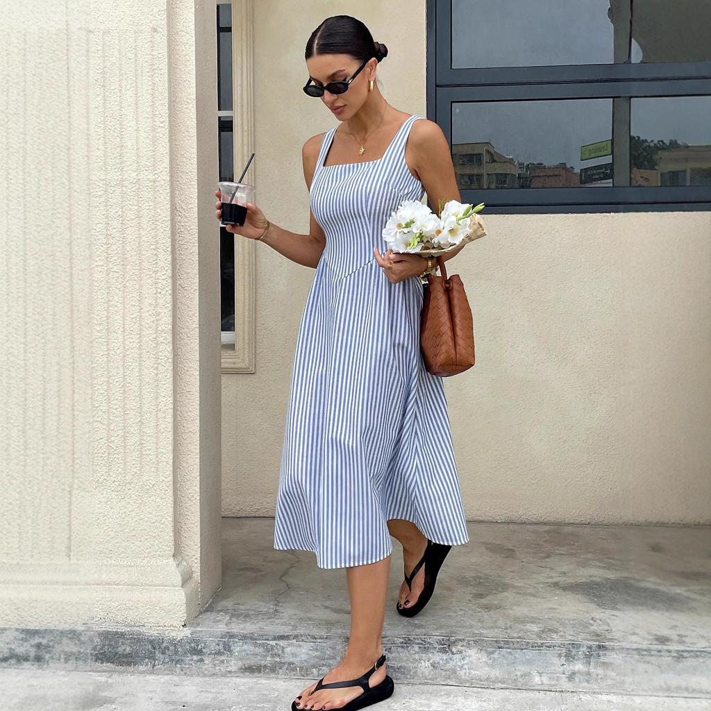 Women's Sleeveless Square Neck Striped Midi Dress