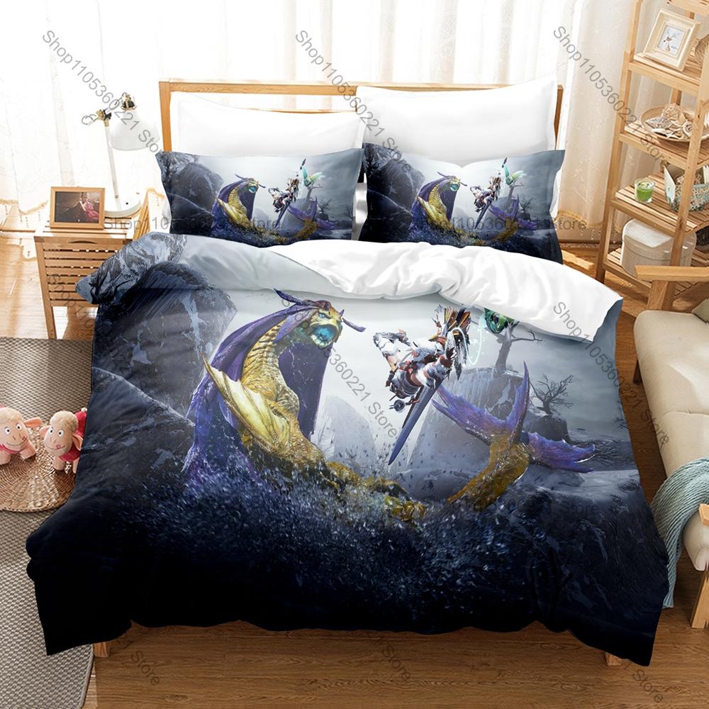 Monster Hunter Rise Merch 3-delat Sängkläder Påslakan Med 2 Örngott Tvättbar Dragkedja Spel Sängöverkast
