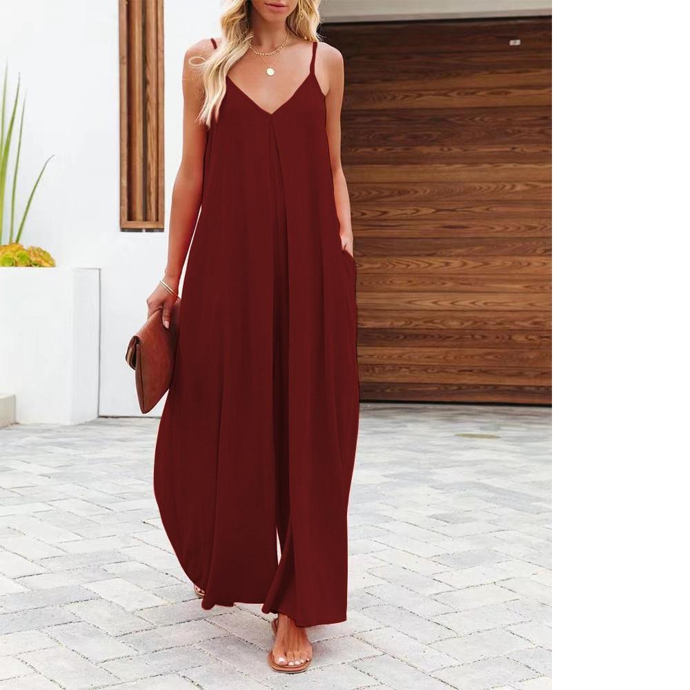Summer Women Jumpsuit Loose Polyester Sling Solid Color Pocket Wide Leg Lady Jumpsuit Casual Non-fade Sleeveless Women Romper