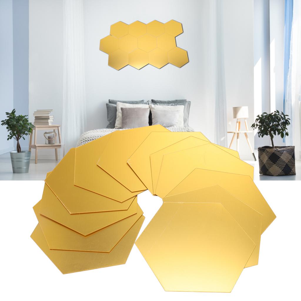 12Pcs Mirror Wall Sticker Gold Hex Shape Large Acrylic Mirror Wall Decal for Kitchen Bathroom Bedroom Living Room