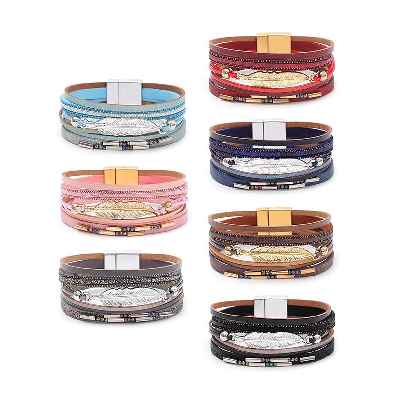 Bohemian Style Multi-layer PU Leather Bracelet Women's Leaf Magnet Buckle Jewelry Accessories