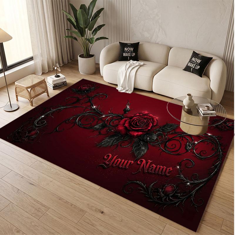 Skull Gothic Theme Soft Crystal Velvet Rug Custom Name & Text Print Non Slip Floor Rug for Bedroom Living Room