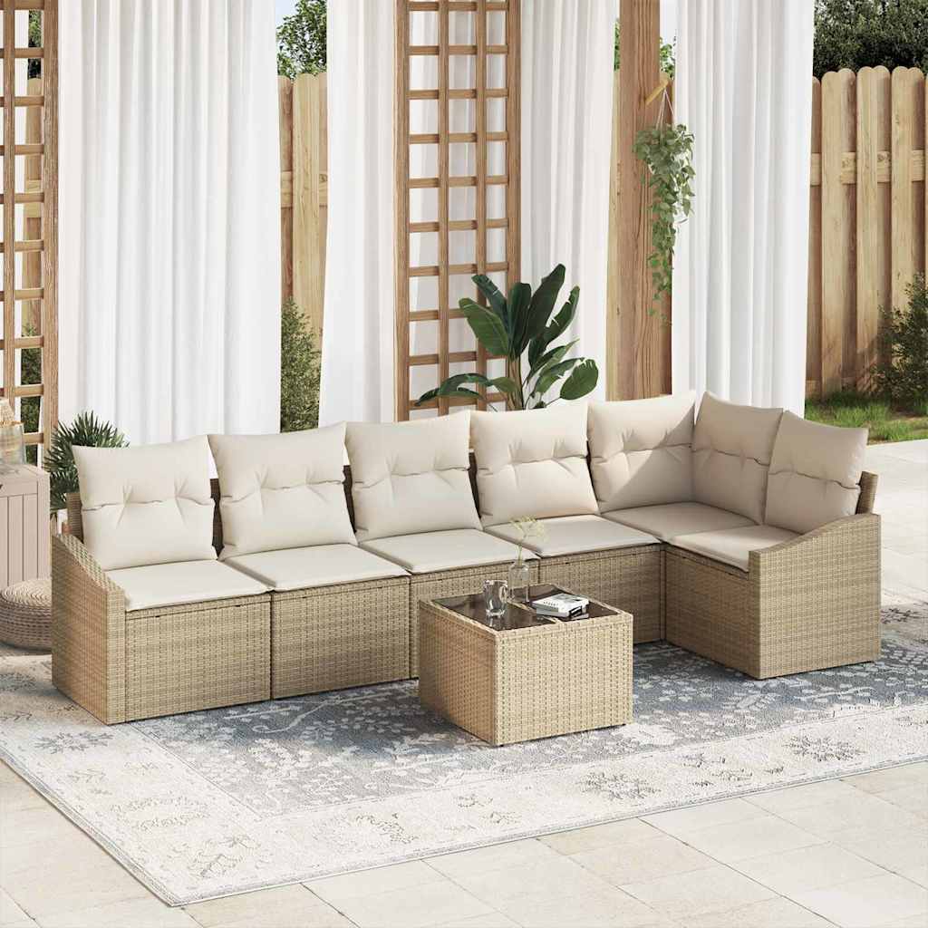 7 Piece Garden Sofa Set with Cushions Beige and Cream Poly Rattan