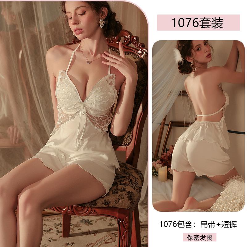 Sexy Satin Pajamas, Butterfly Halter Tops with Chest Pads, Large-sized Erotic Underwear, Pure Desire Uniform Set for Women 1076