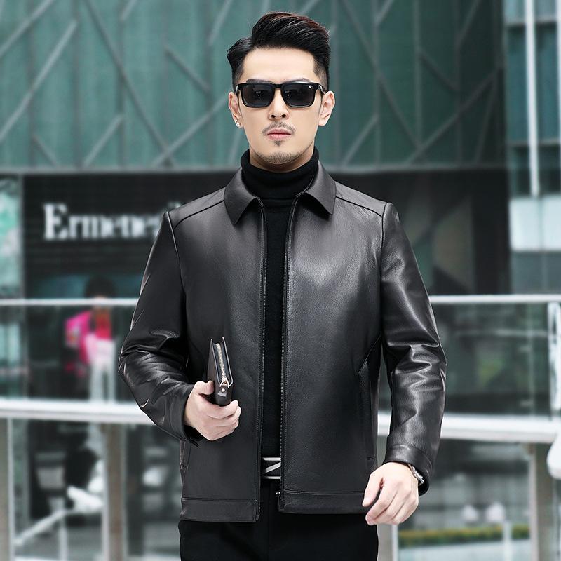 Spring and Autumn New Men's Genuine Leather Jacket Men's Goat Leather Jacket Lapel Business Dad Casual Jacket Versatile