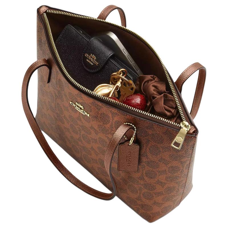 Coach Fiona 24 Gold Logo Tote Bag Shopping Bag Underarm Bag Coated Canvas and Smooth Leather Shoulder Bag Medium Women's Brown