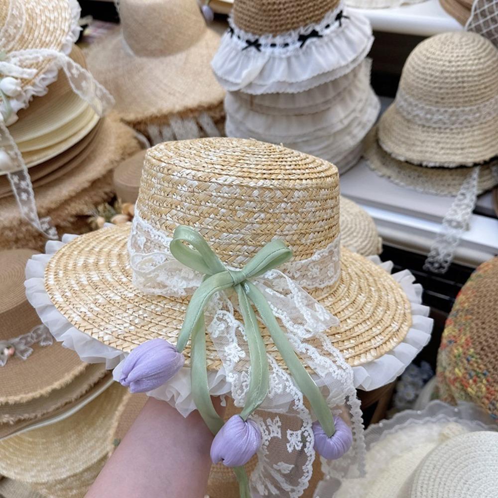 Sunscreen Outing In Spring Tulip Hat Flower Summer Beach Sun Hat Lace Bow Straw Hat  Outdoor