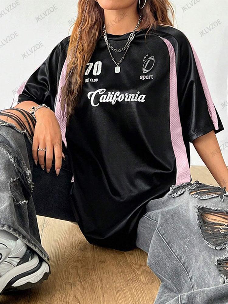 Summer Black and Pink Retro Patchwork T-Shirt, Sports Breathable Short-Sleeve Women's T-Shirt